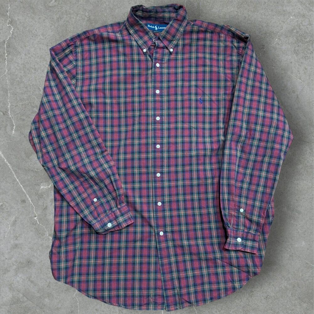 Polo Ralph Lauren Vintage 90s Plaid Red Green L/S Button Down Shirt Mens XLT